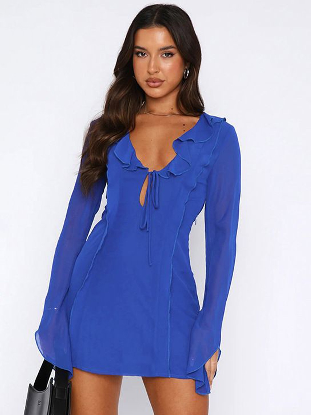 

MIAKEE Tie-Up Neck Ruffled Bodycon Mini Dress, Blue