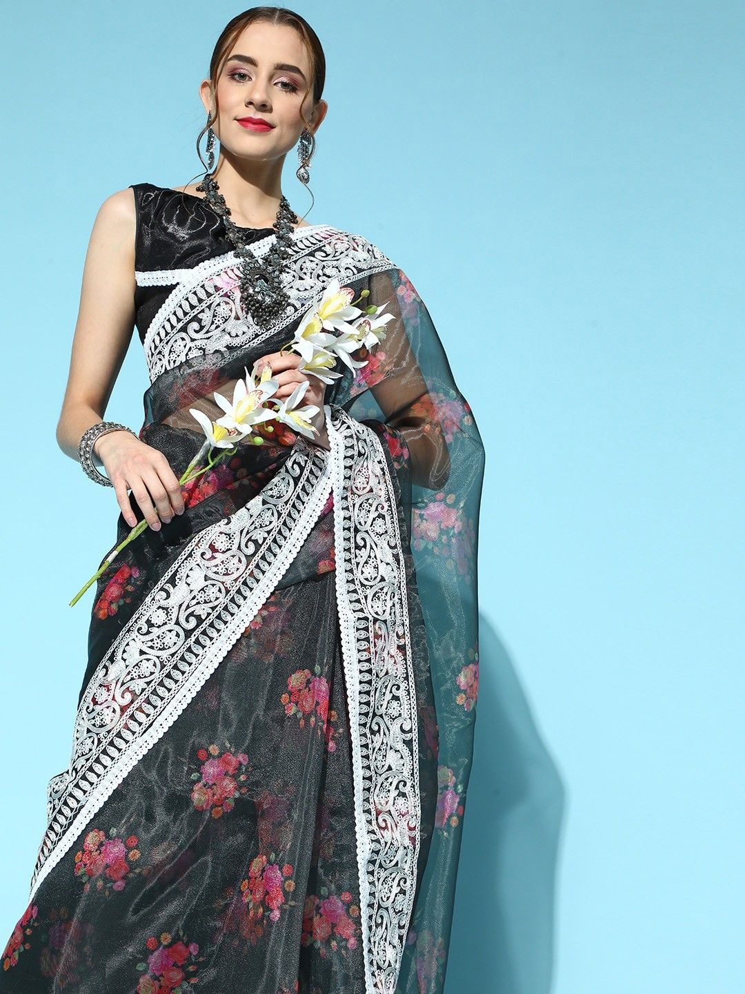 

KIMISHA Floral Printed Embroidered Organza Saree, Black