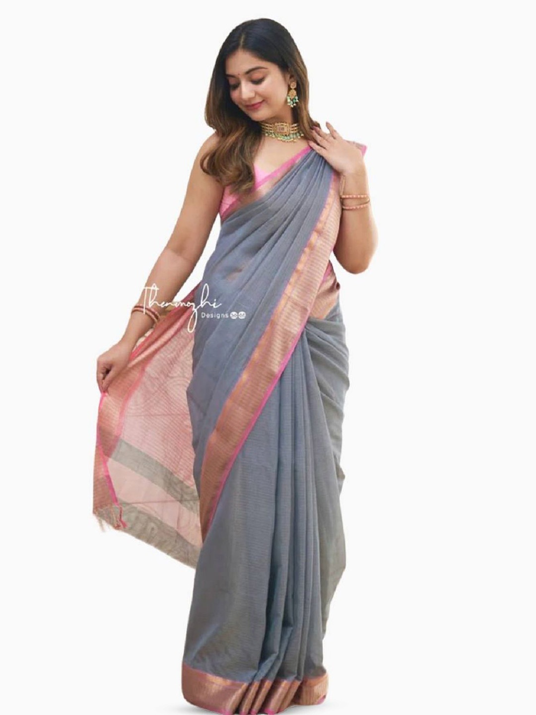 

Aika Women Woven Design Saree With Zari Border, Grey