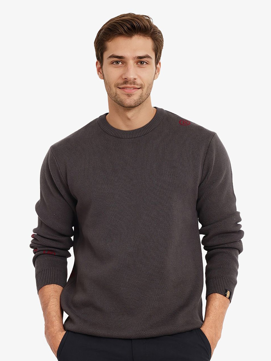 

RARE RABBIT Men Typography Ribbed Pullover, Grey