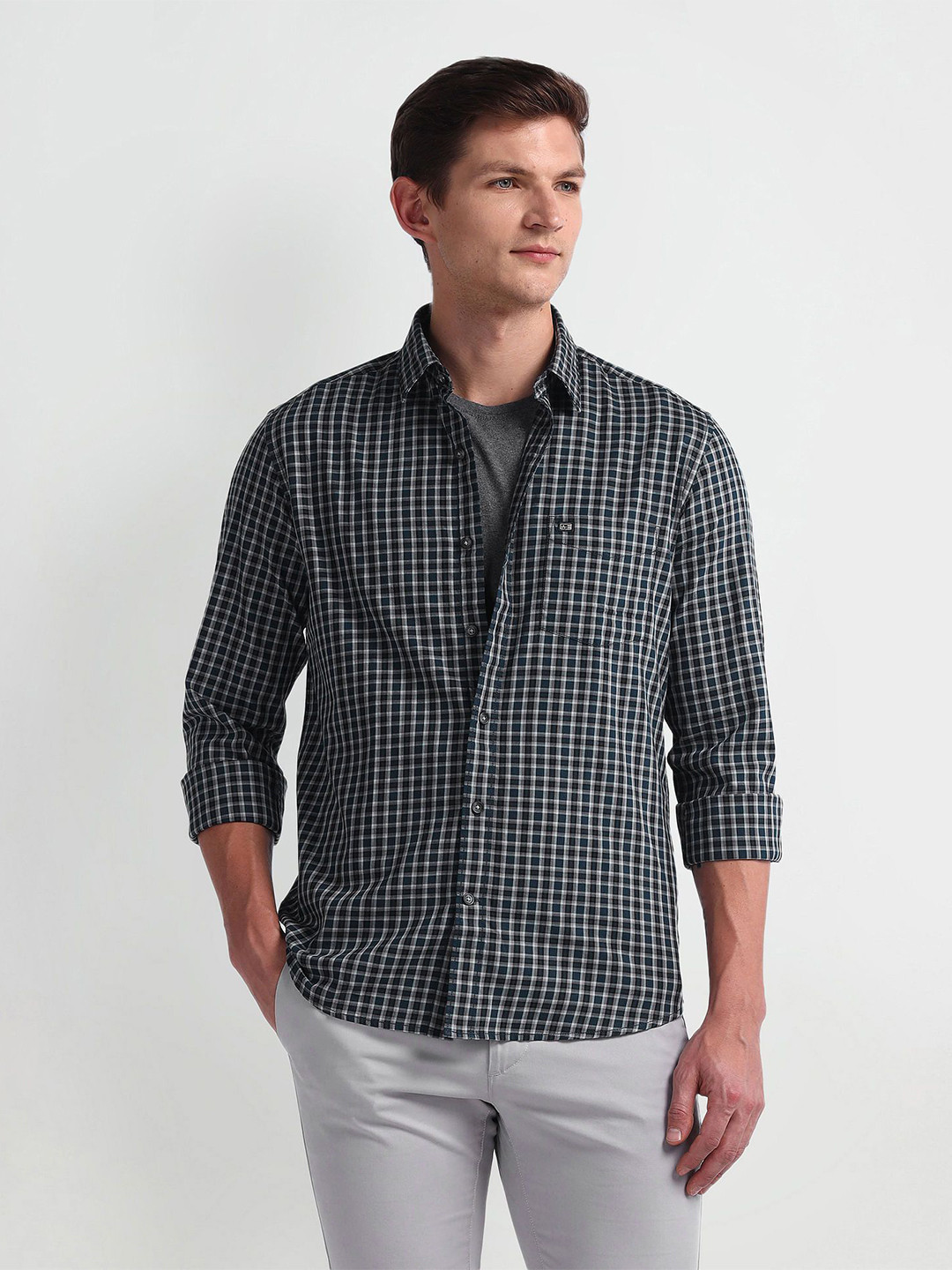

Arrow Sport Men Smart Spread Collar Micro Checked Cotton Slim Fit Casual Shirt, Green