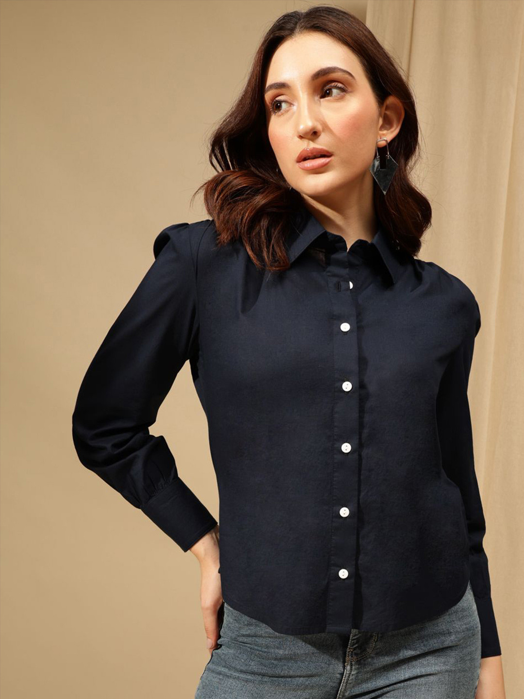 

Xpose Women Comfort Spread Collar Solid Cotton Semiformal Shirt, Navy blue