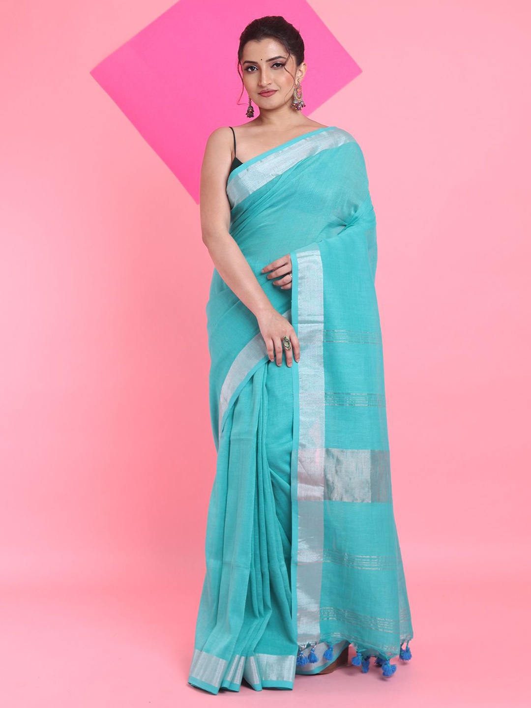 

Arhi Woven Design Zari Pure Linen Saree, Sea green