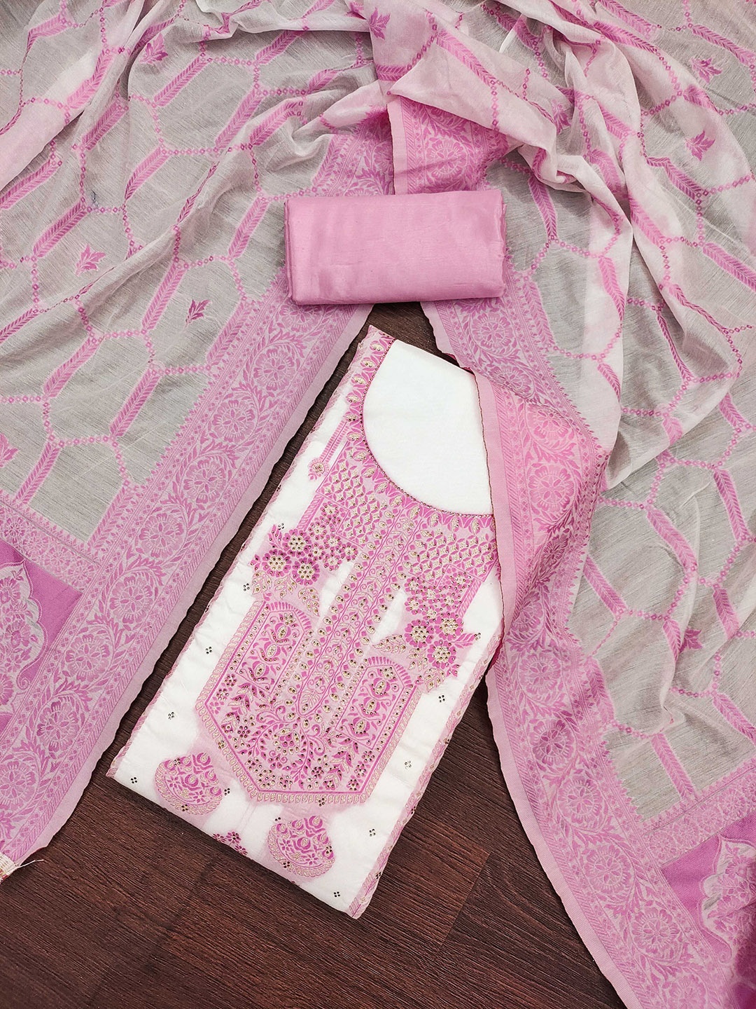 

KALINI Floral Woven Design Beads and Stones Unstitched Dress Material, Pink