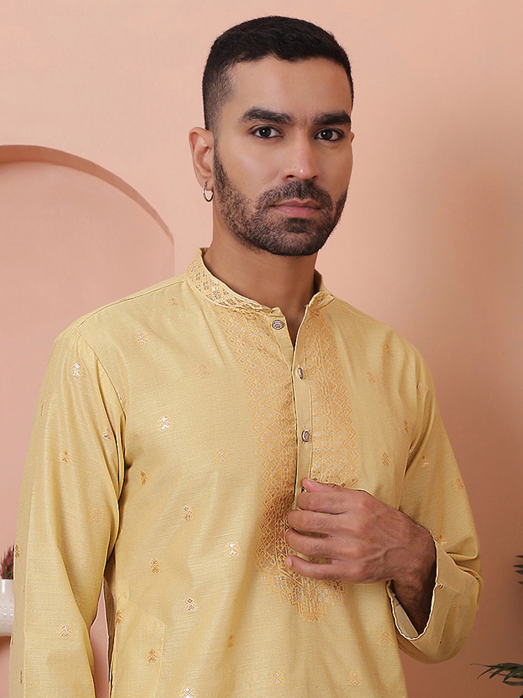 

Jompers Men Embroidered Thread Work Kurta, Yellow