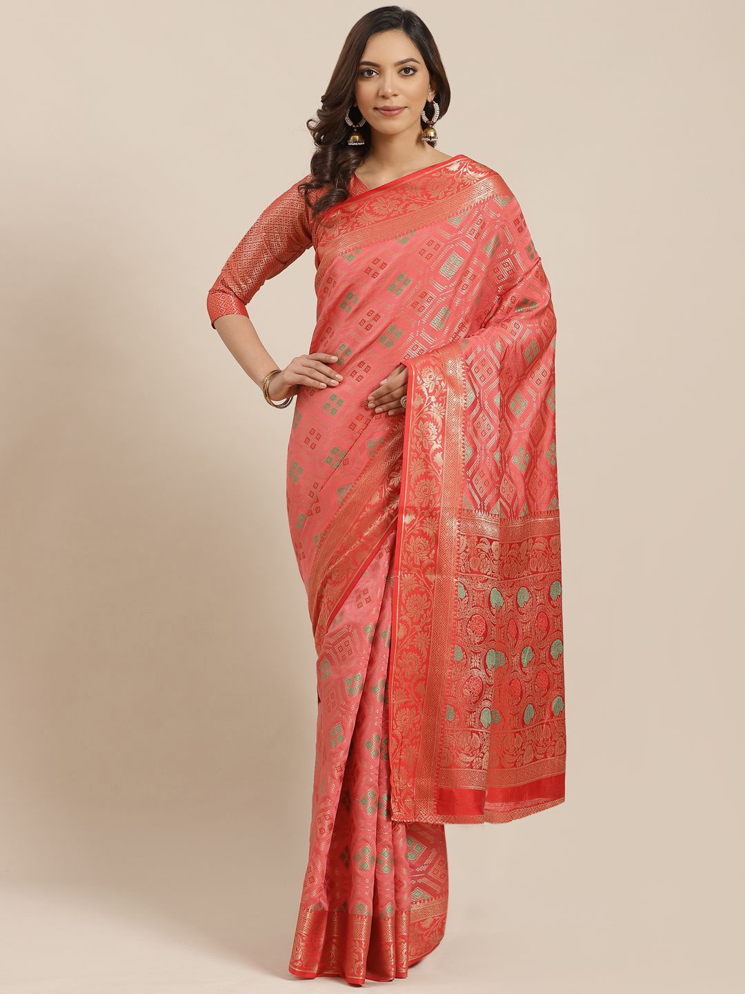 

KIMISHA Woven Design Zari Silk Blend Banarasi Saree, Peach