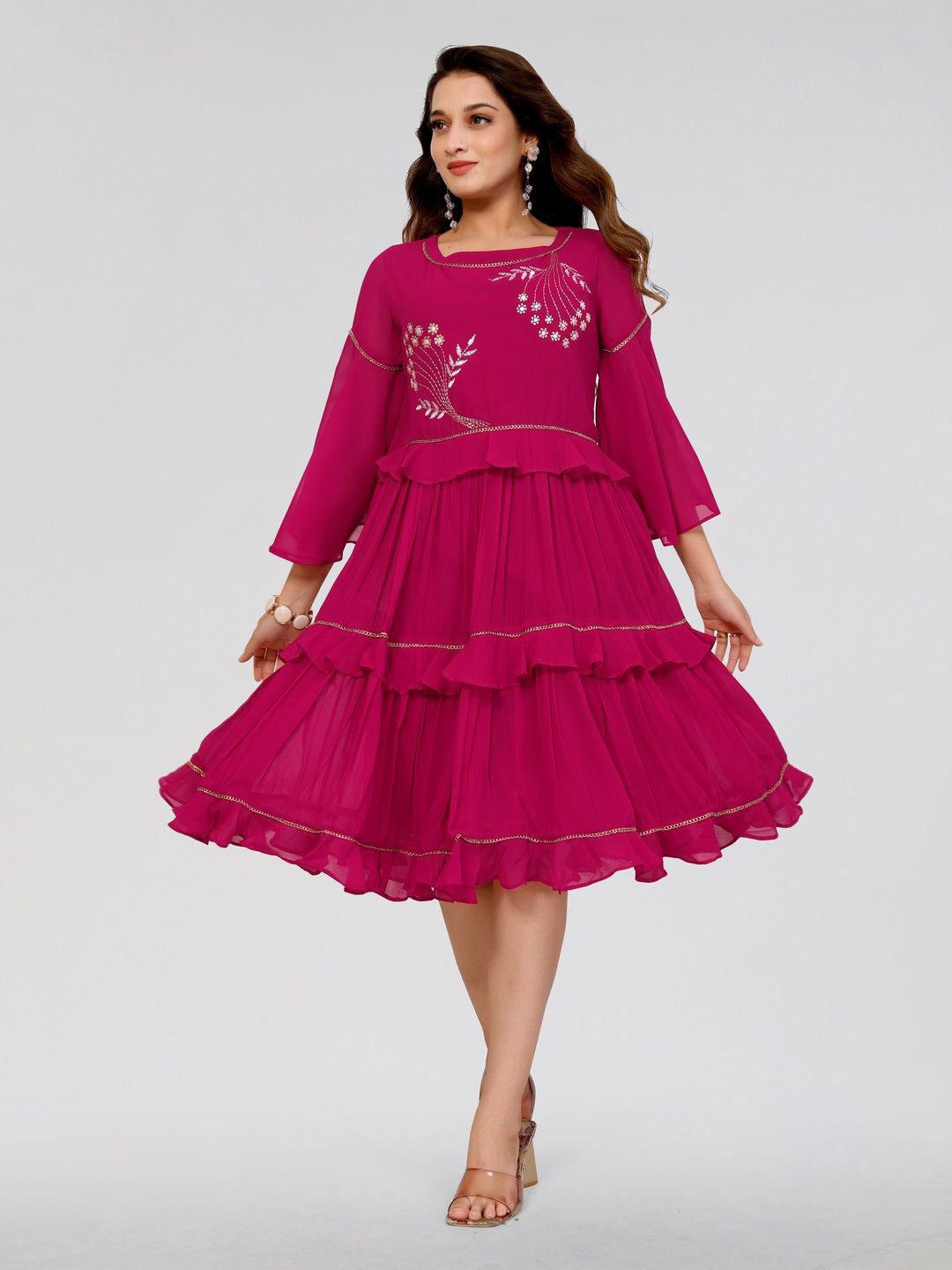 

PYARI - A style for every story Bell Sleeve Georgette Maxi Ruffle Dresses, Pink