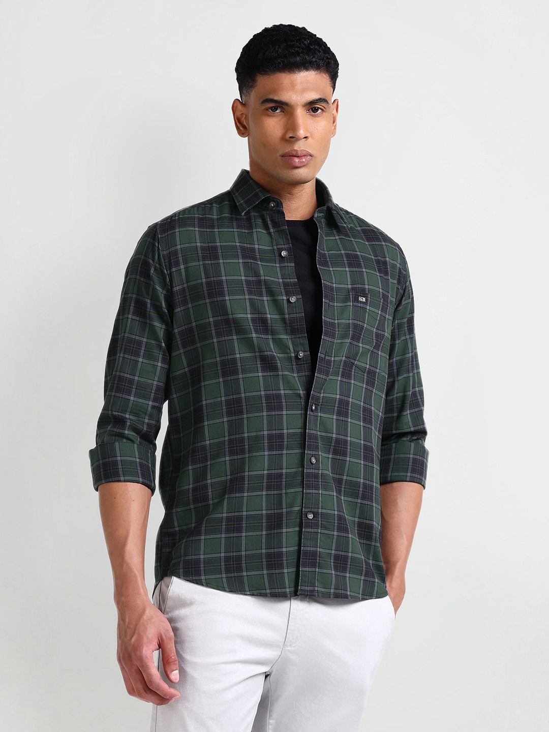 

Arrow Sport Men Smart Spread Collar Tartan Checked Cotton Slim Fit Casual Shirt, Green