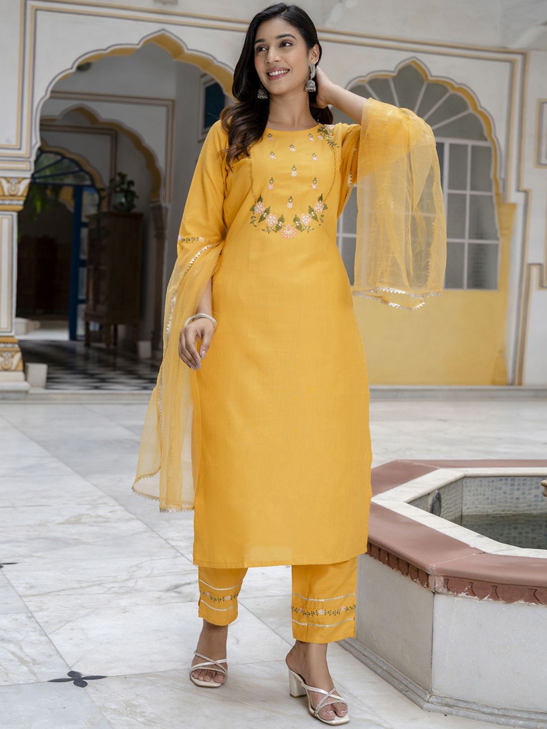 

VredeVogel Floral Embroidered Straight Kurta with Trousers & Dupatta, Yellow