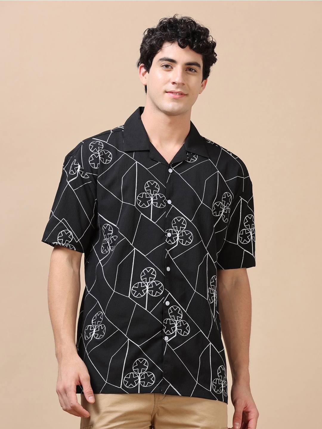 

Bushirt Men Classic Cuban Collar Geometric Printed Oversized Casual Shirt, Black