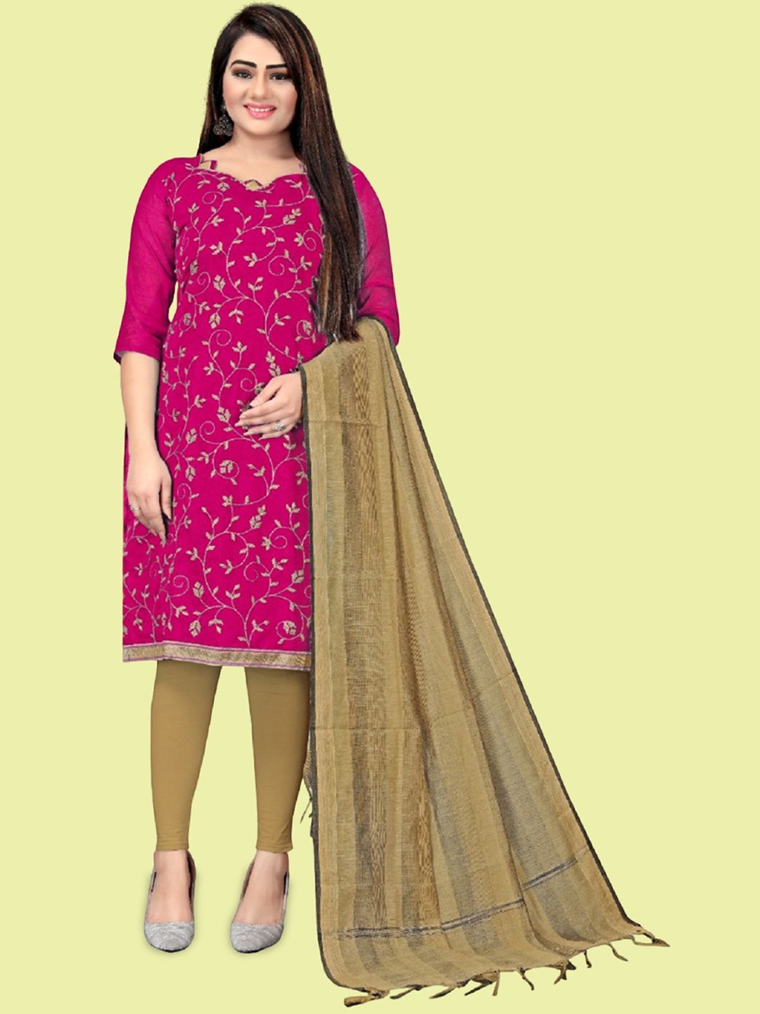 

APNISHA Floral Embroidered Thread Work Unstitched Dress Material, Pink