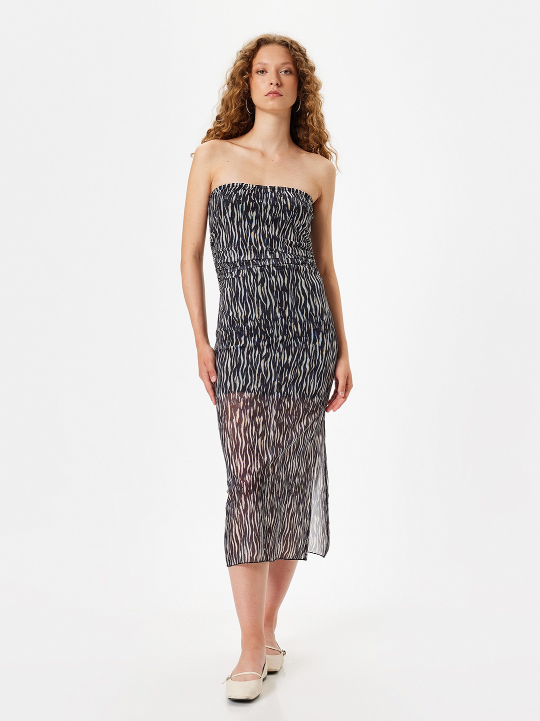 

Koton Printed Strapless A-Line Midi Dress, Black