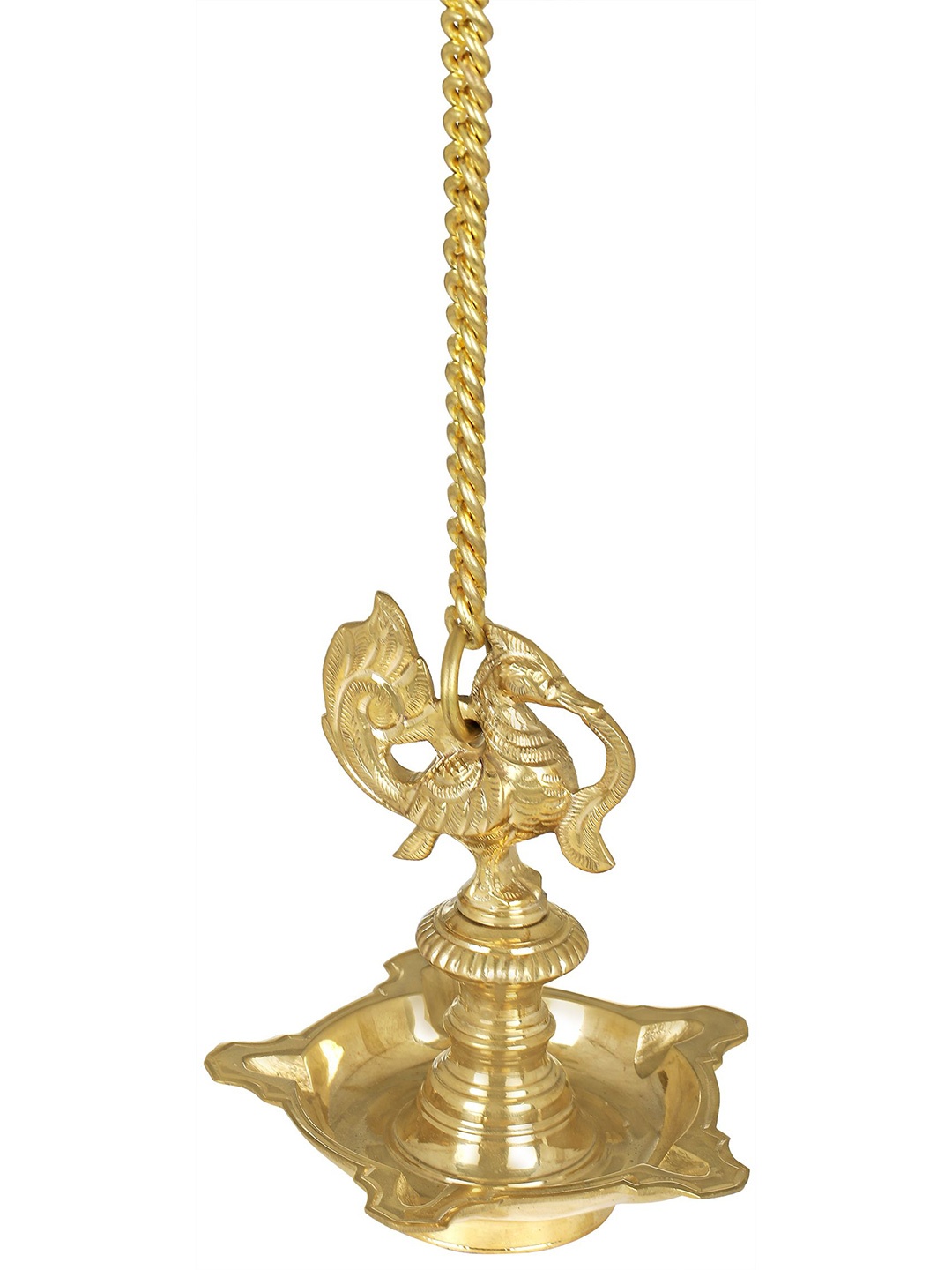 

Exotic India Five Wicks Roof Hanging Peacock Lamp from South India, Gold