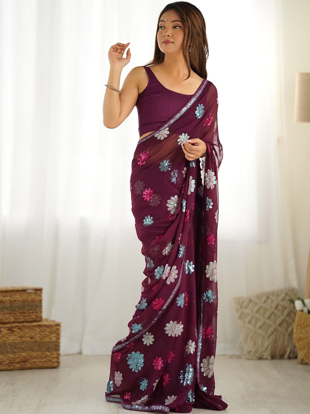 

LeeliPeeri Designer Embellished Sequinned Poly Georgette Saree, Purple