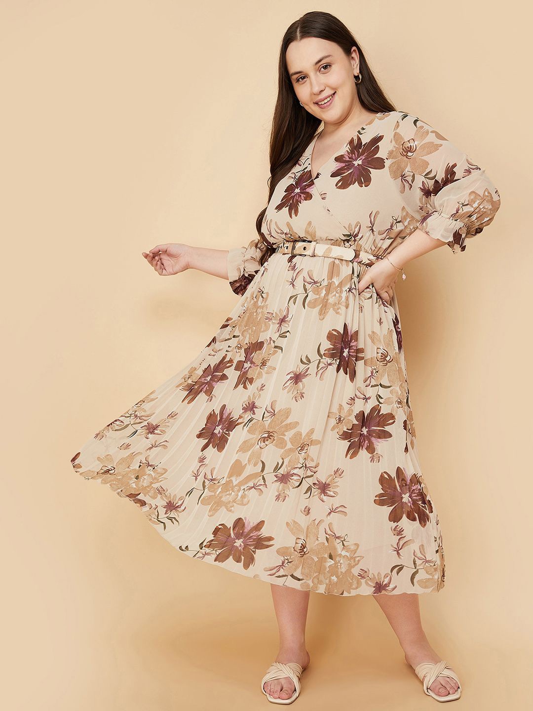

max Floral Printed Belted A-Line Midi Dress, Beige
