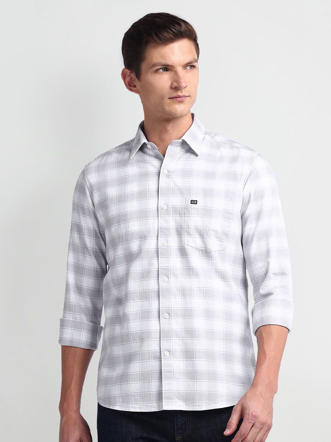 

Arrow Sport Men Smart Spread Collar Tartan Checked Cotton Slim Fit Casual Shirt, Grey