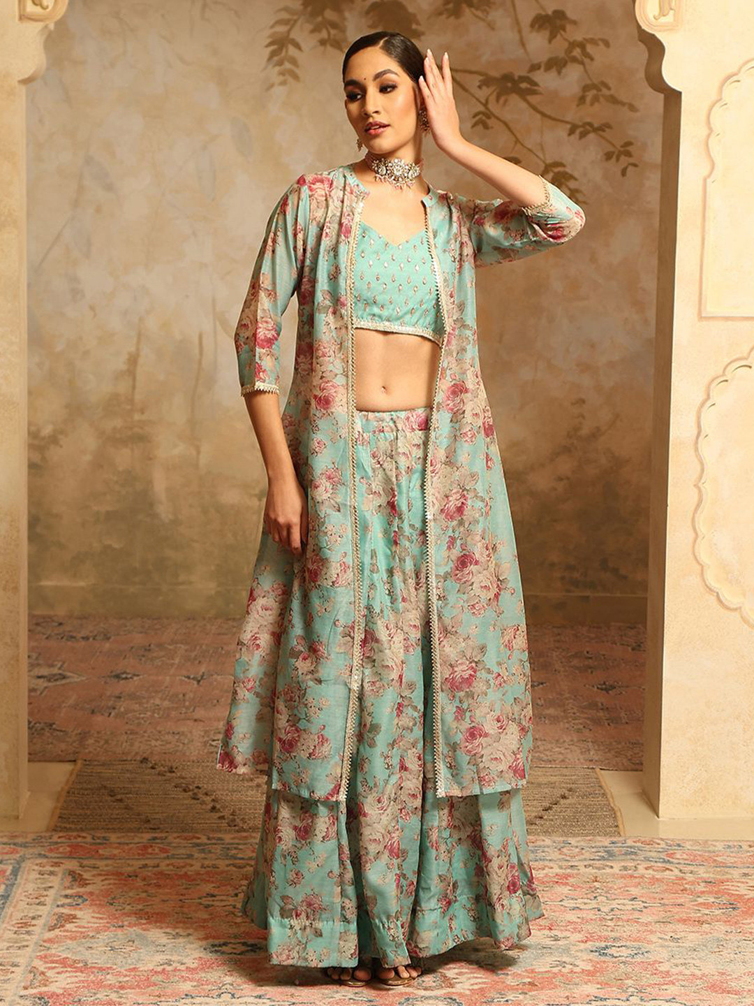 

Meena Bazaar Printed Mirror Work Ready to Wear Lehenga & Blouse With Dupatta, Sea green