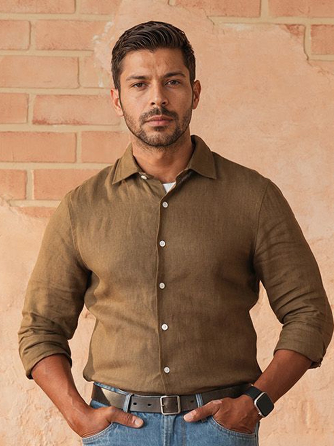 

Monks of Method Men Relaxed Spread Collar Solid Linen Relaxed Fit Casual Shirt, Olive