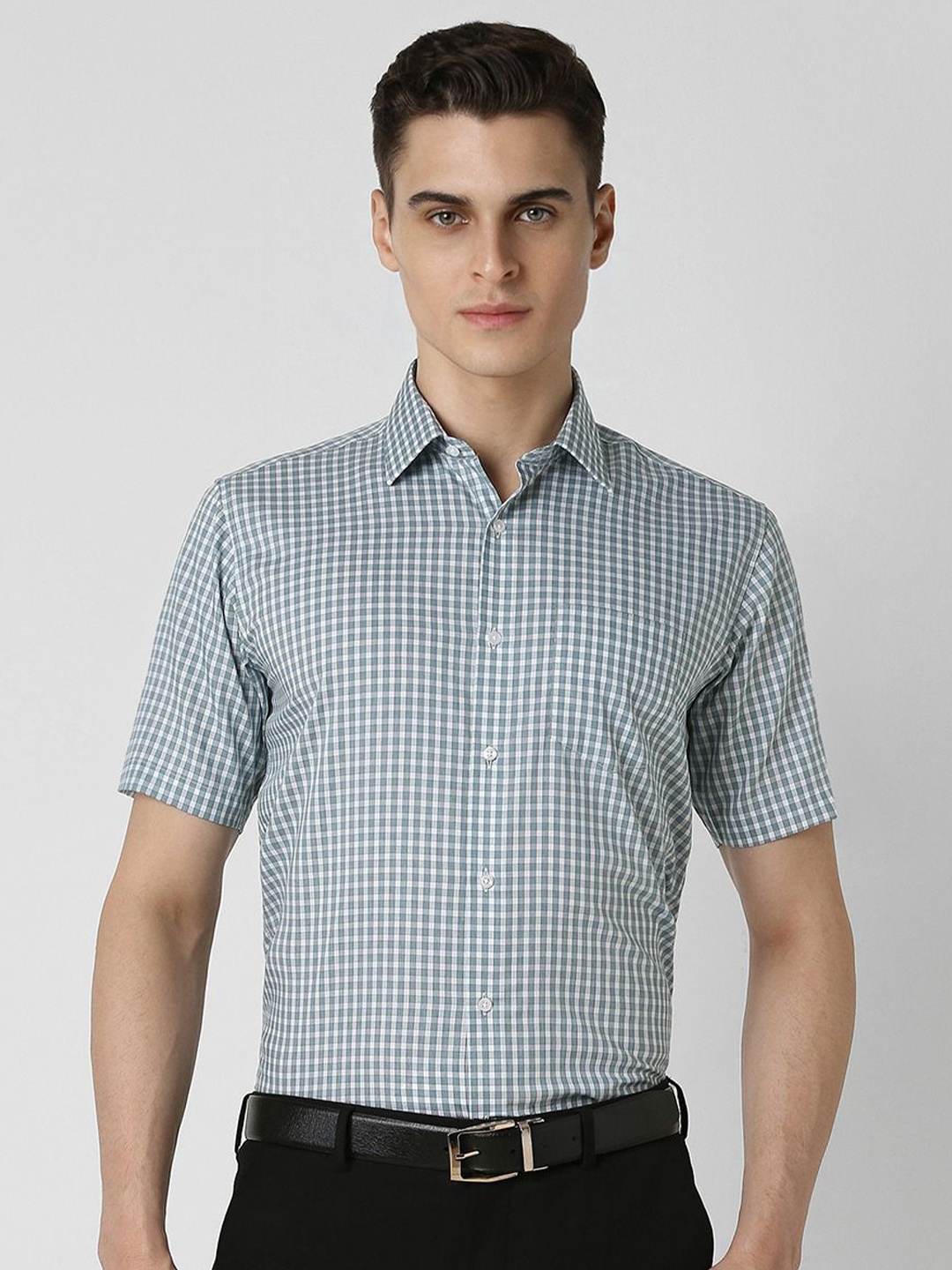 

Van Heusen Men Spread Collar Micro Checked Cotton Formal Shirt, Green
