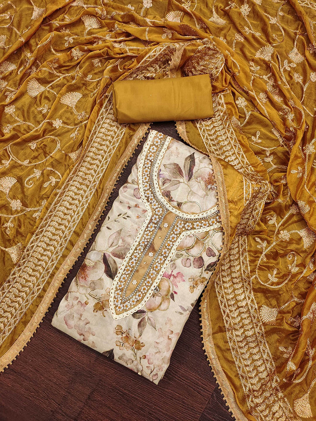 

KALINI Floral Embroidered Zari Unstitched Dress Material, Beige