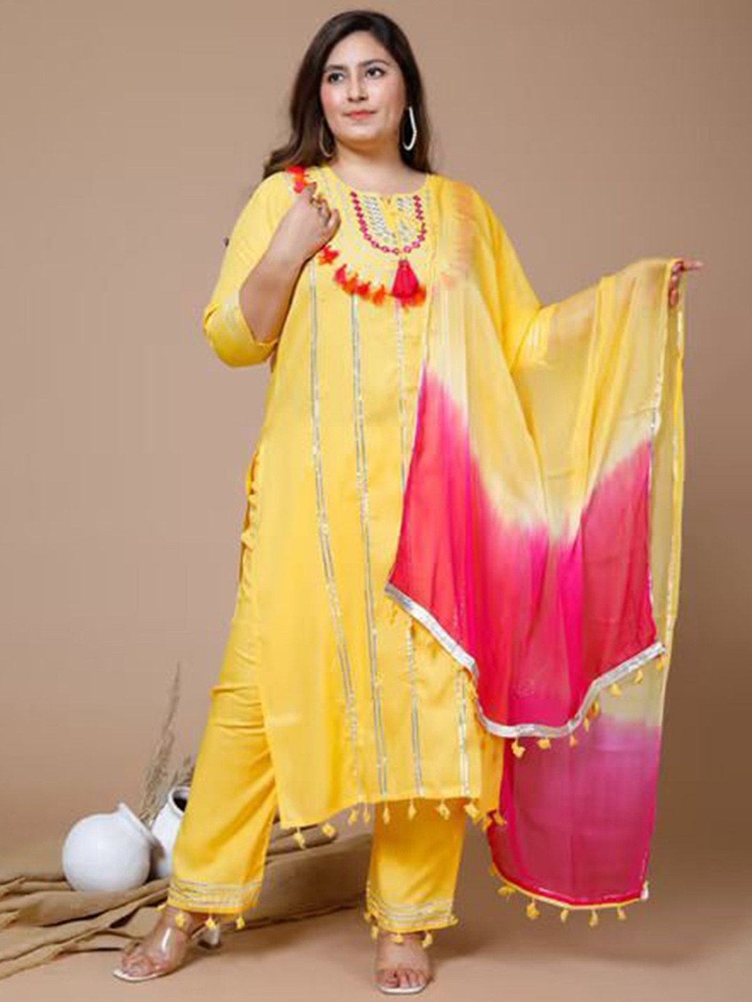 

TOP 2 BOTTOM Geometric Embroidered Tie-Up Neck Mirror Work Kurta With Trousers & Dupatta, Yellow
