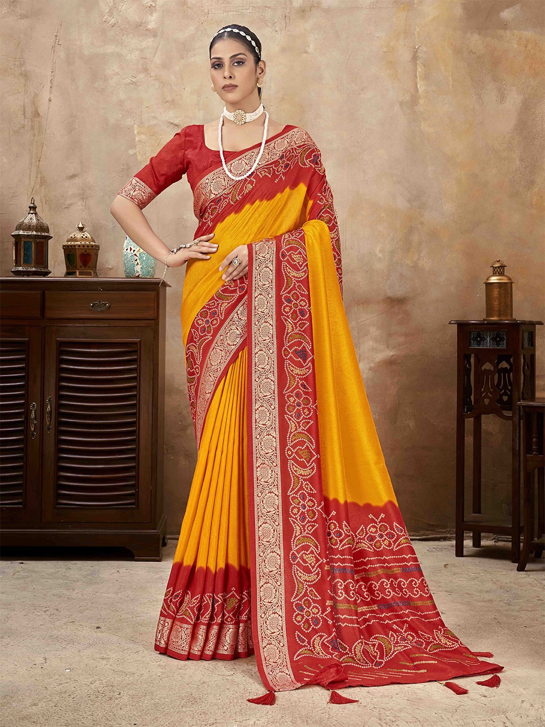 

Ethnielle Woven Design Bandhani Saree, Mustard