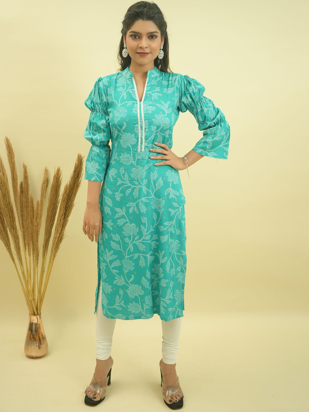 

GO BOUJEE Floral Printed Mandarin Collar Puff Sleeves Cotton Straight Kurta, Sea green