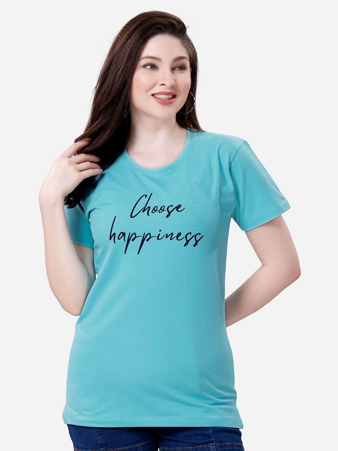 

Lenissa Women Typography Printed Round Neck Cotton Relaxed Fit T-Shirt, Teal