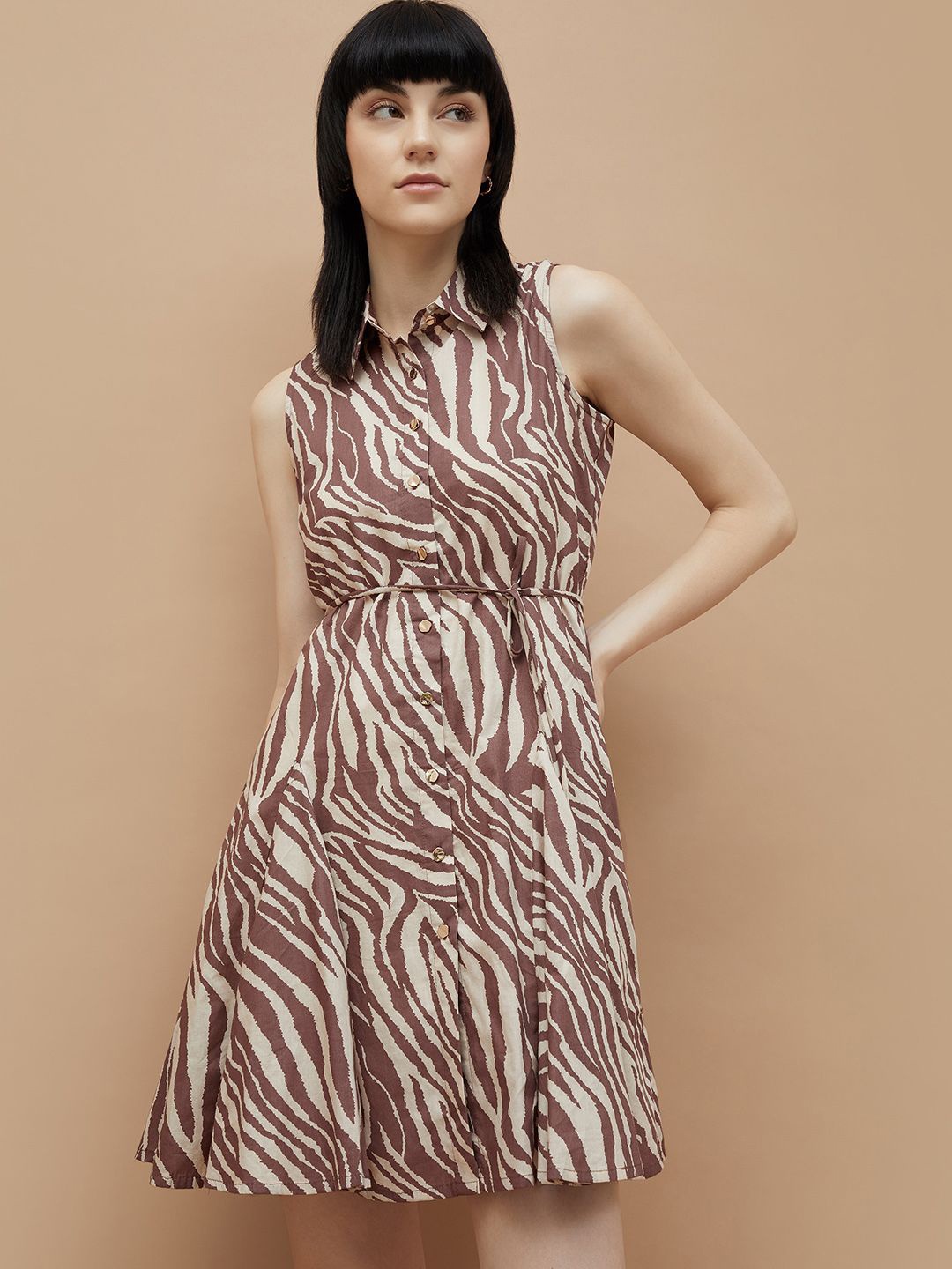 

CODE by Lifestyle Printed Sleeveless Pure Cotton Shirt Dress, Brown