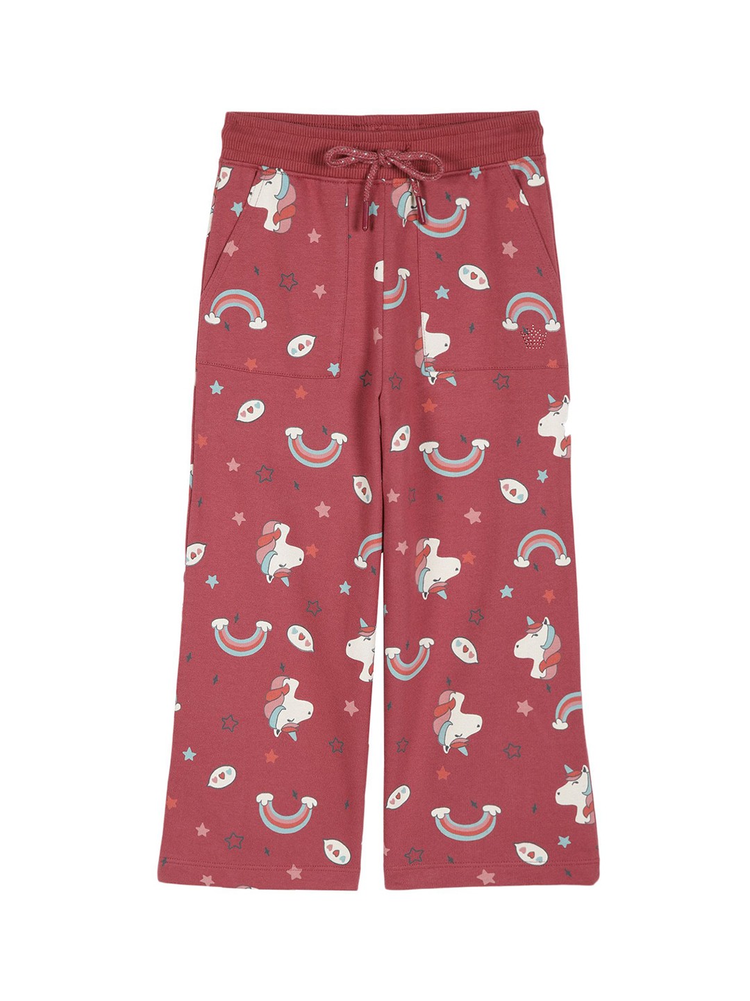 

PLUM TREE Girls Unicorn Design Wide Leg Regular Fit Pure Cotton Track Pants, Red