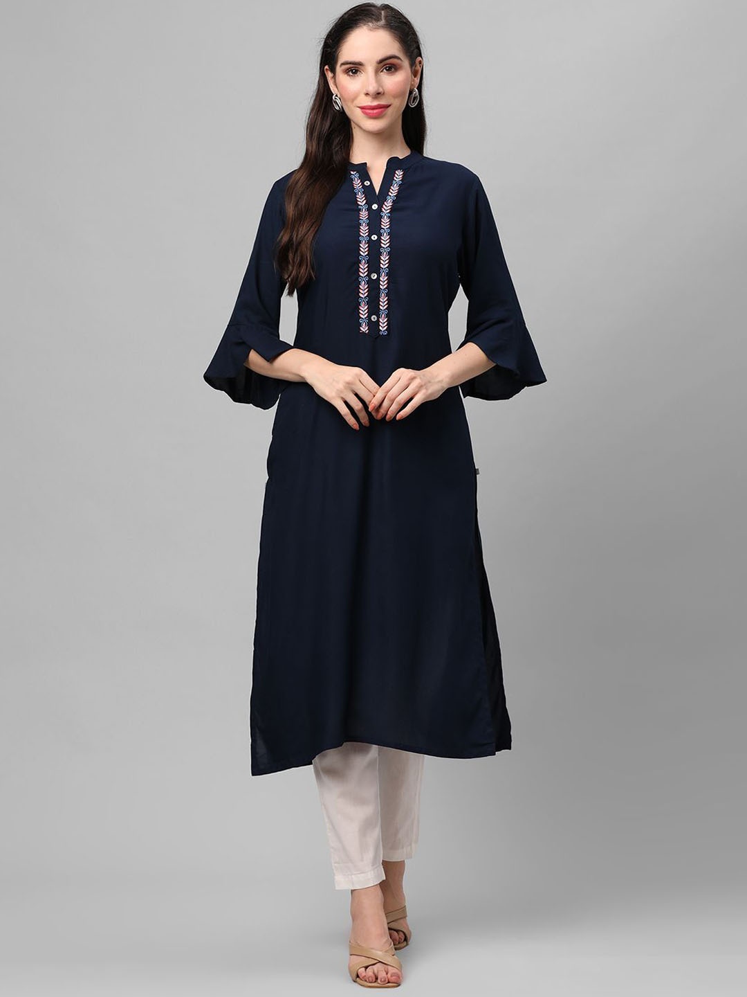 

Shree Floral Embroidered Mandarin Collar Thread Work Straight Kurta, Navy blue