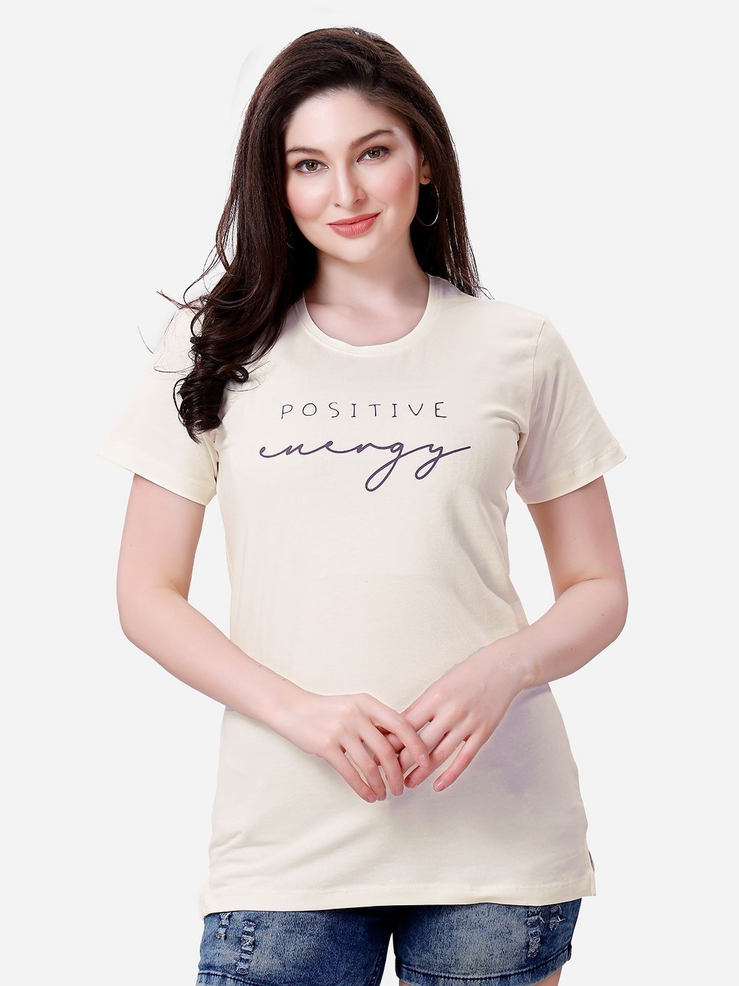 

Lenissa Women Typography Printed Round Neck Cotton Relaxed Fit T-Shirt, Cream