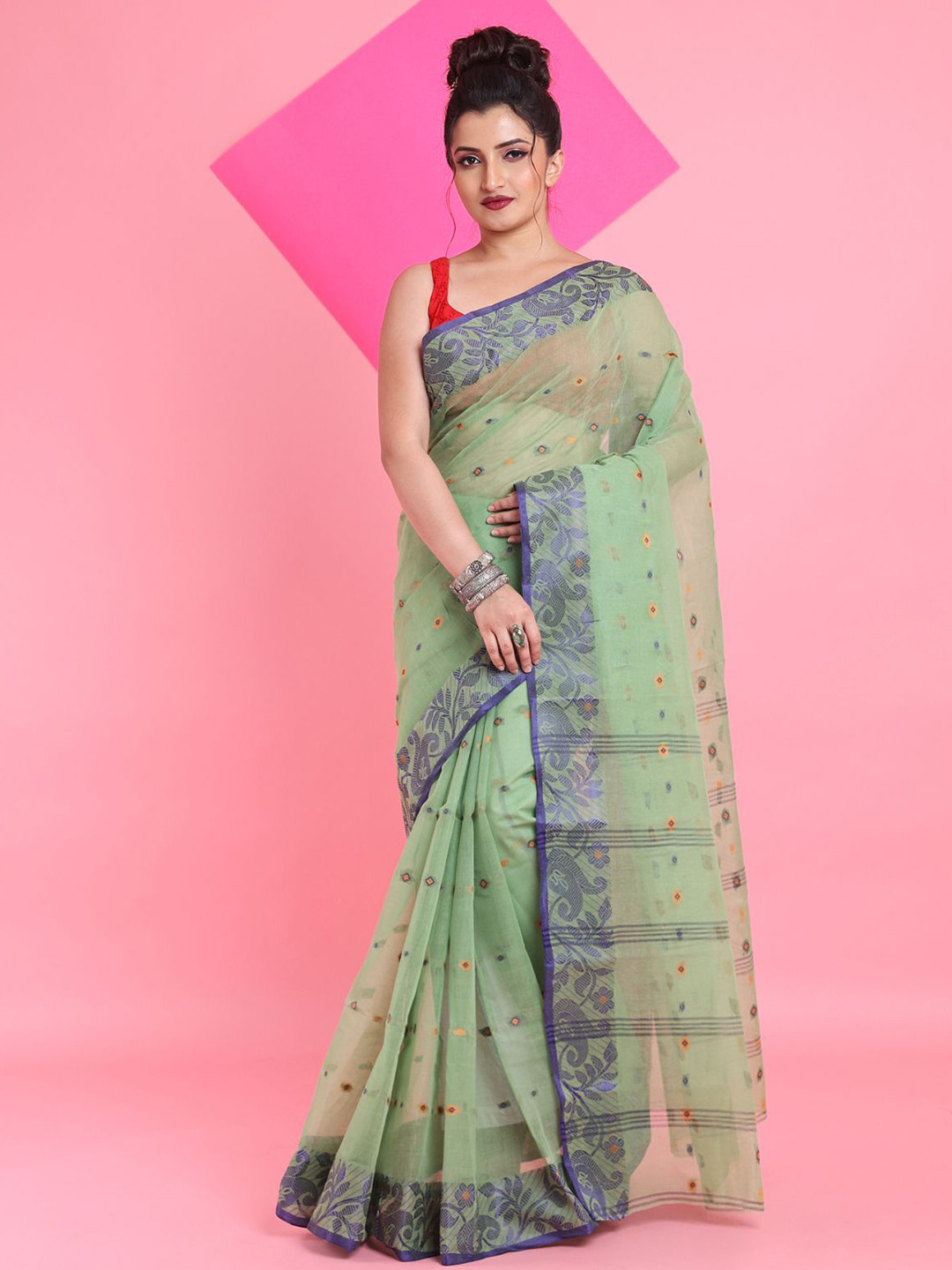 

Arhi Ethnic Motifs Pure Cotton Taant Saree, Green