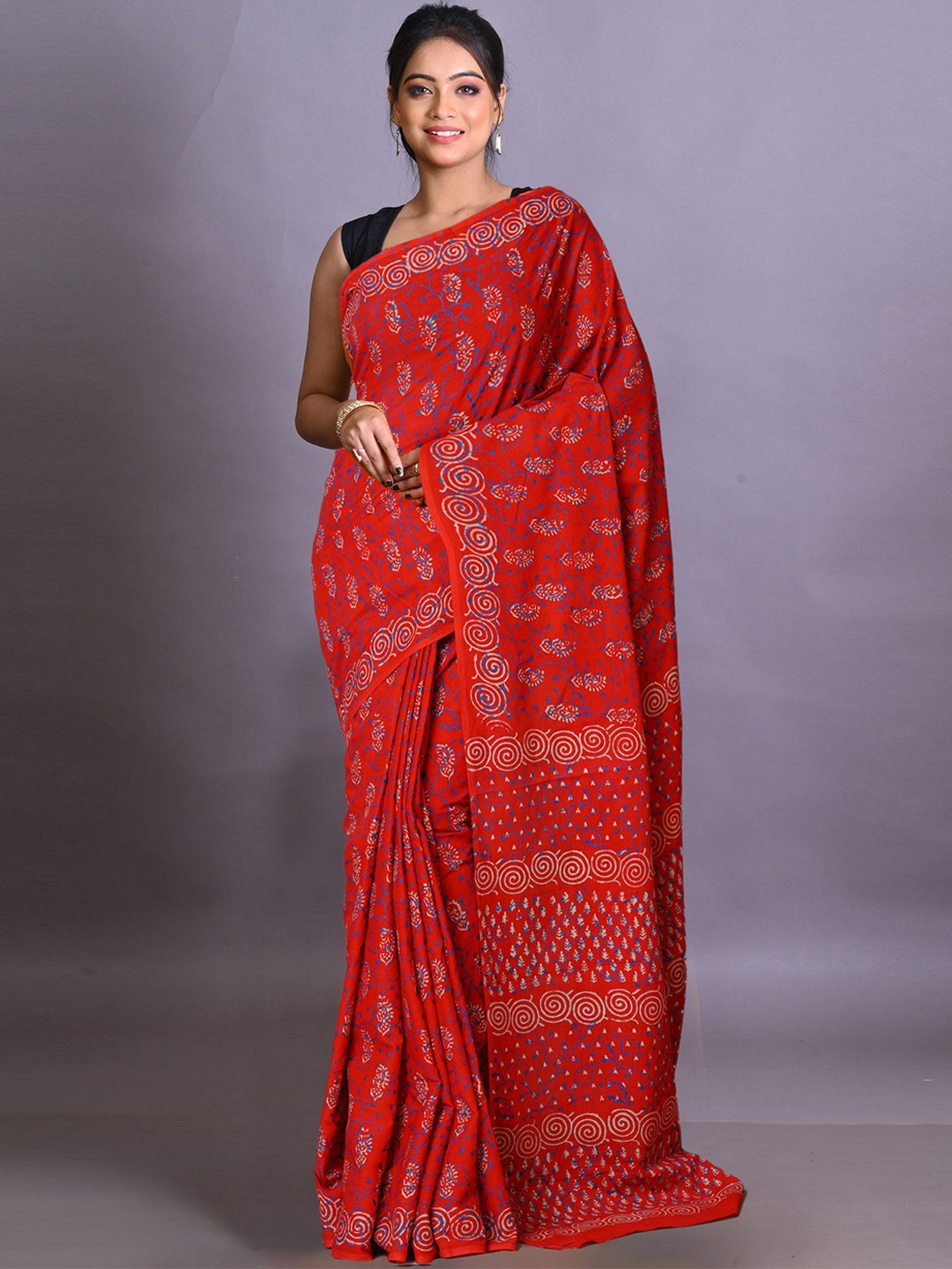 

Unnati Silks Ethnic Motifs Pure Cotton Handloom Block Printed Saree, Red