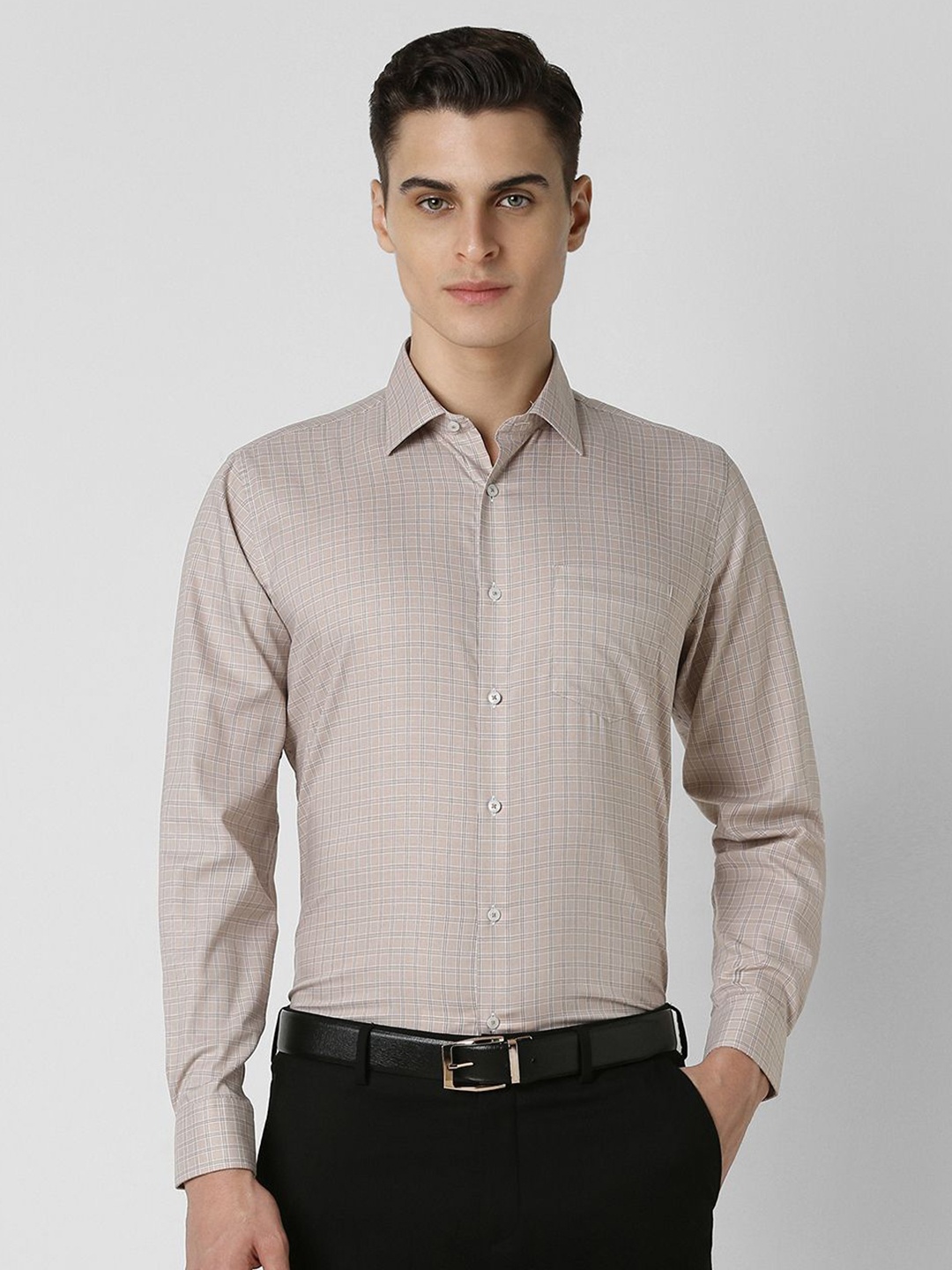 

Van Heusen Men Spread Collar Micro Checked Cotton Formal Shirt, Nude