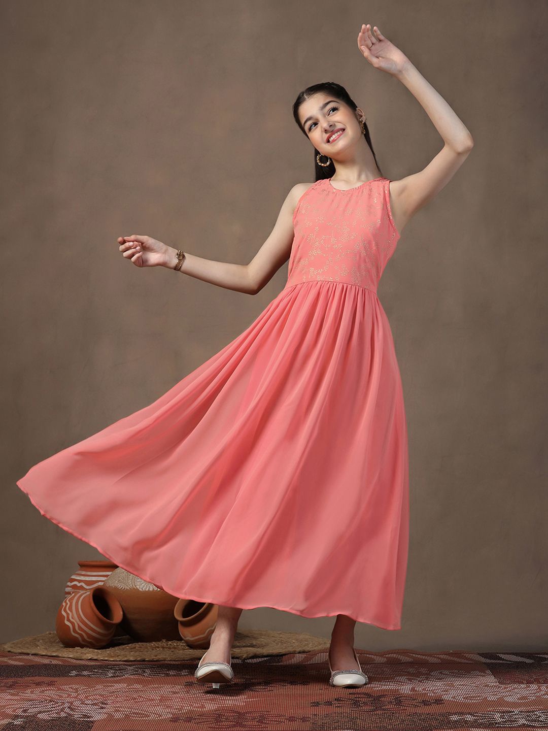 

FASHION DREAM Girls Ethnic Motifs Printed Maxi Ethnic Dress, Peach
