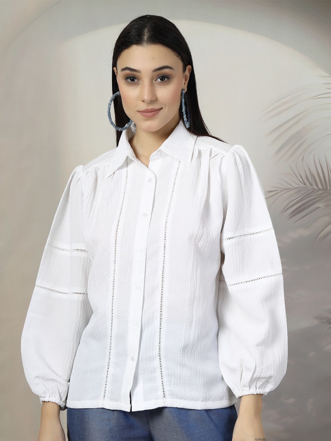 

plusS Women Standard Spread Collar Solid Casual Shirt, White