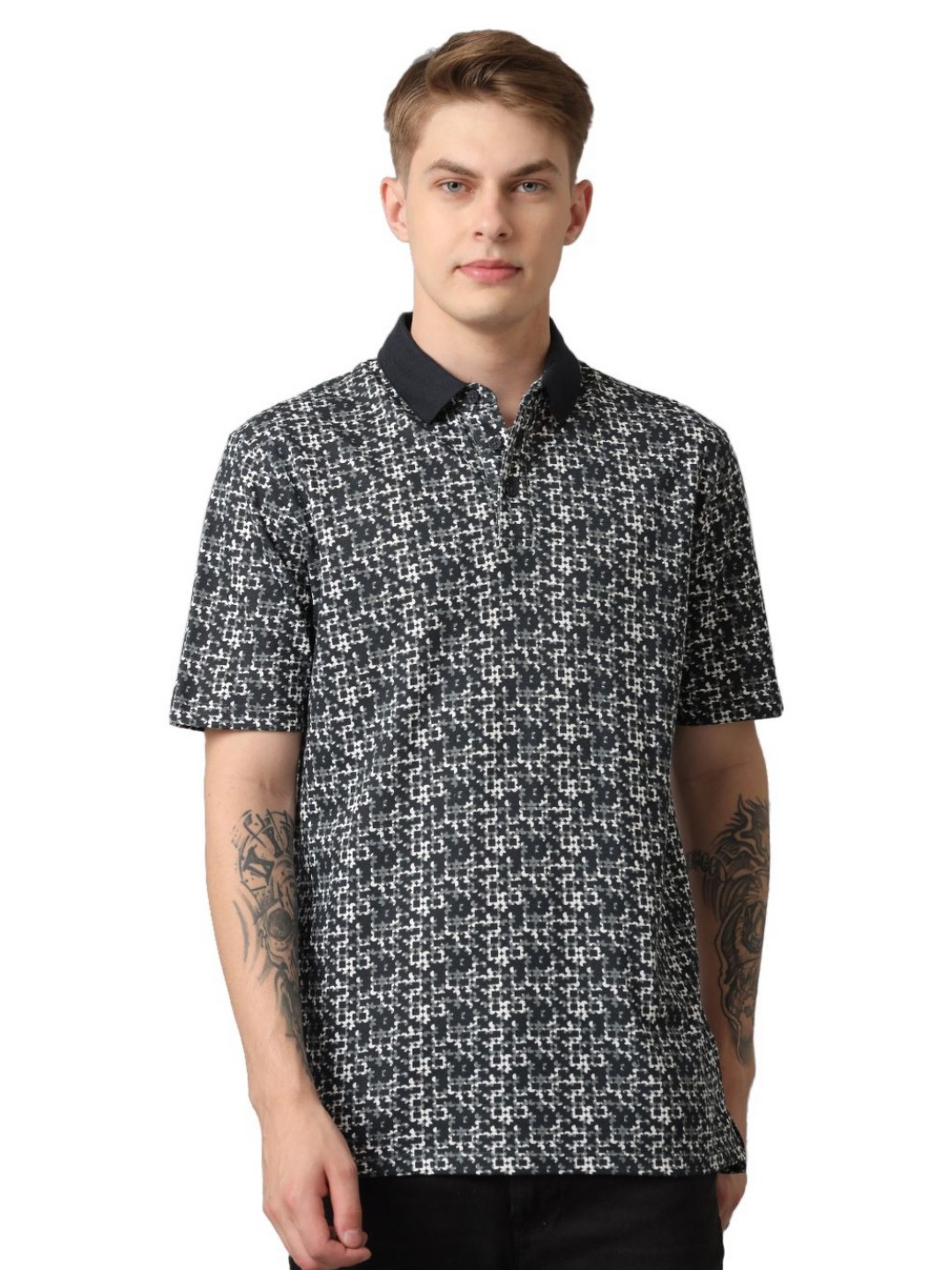 

Voi Jeans Men Abstract Printed Polo Collar Cotton T-Shirt, Navy blue