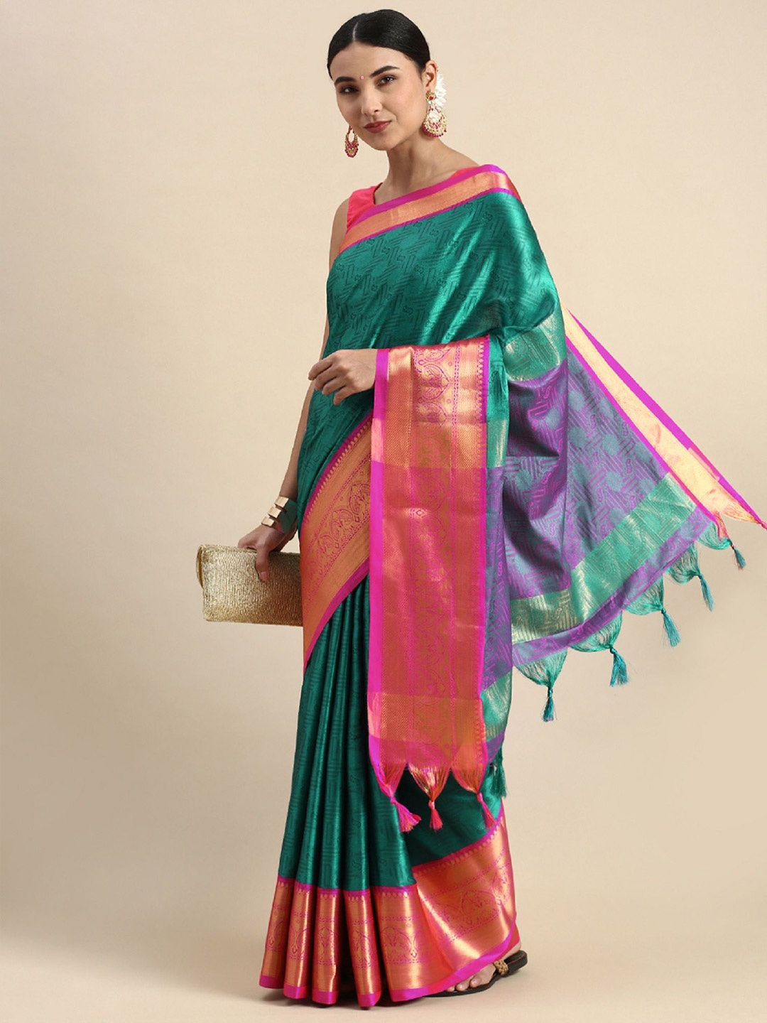 

Aika Woven Design Banarasi Saree with Zari Border, Teal