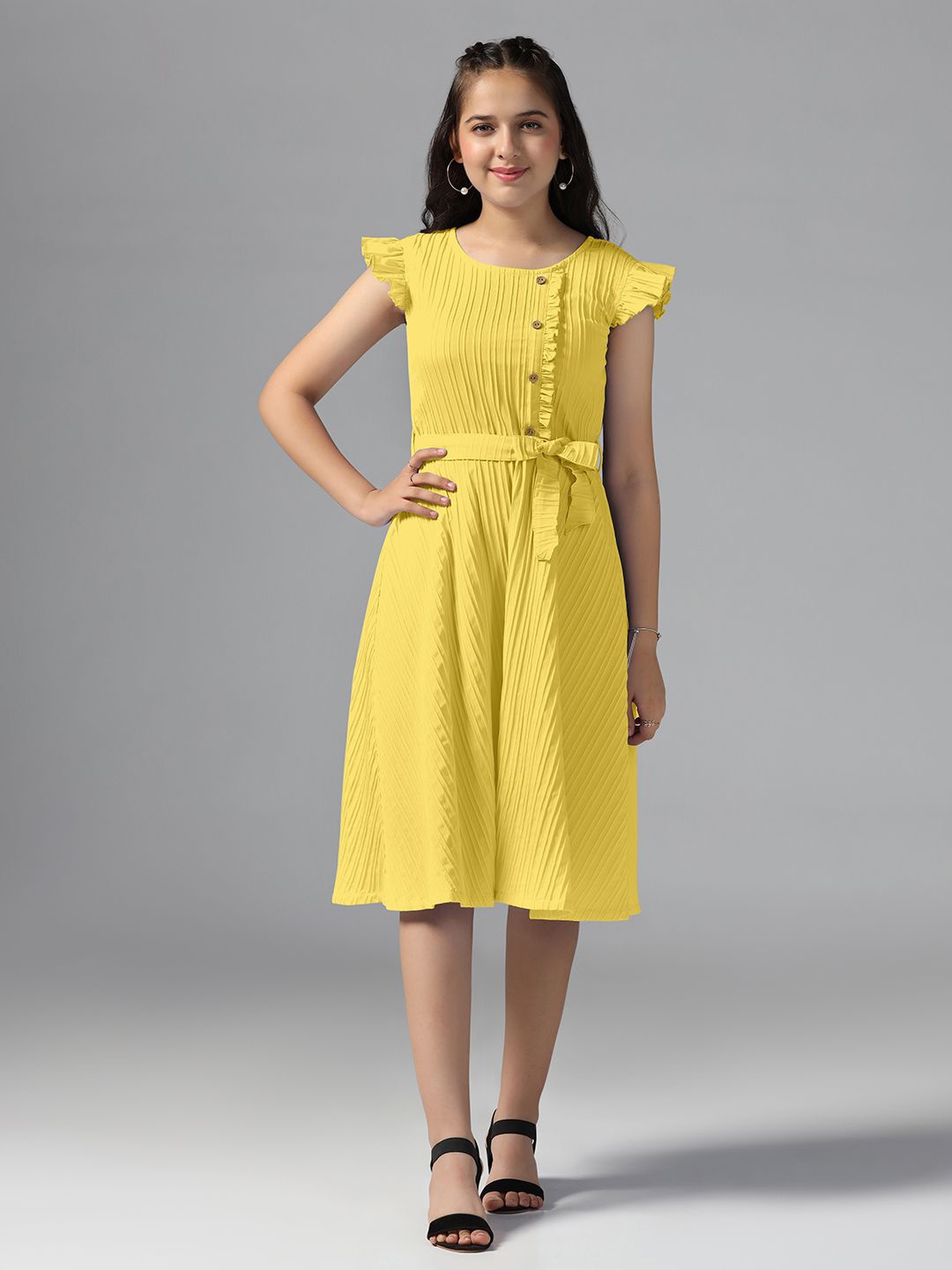 

OMPAX Flutter Sleeve Belted Fit & Flare Dress, Yellow