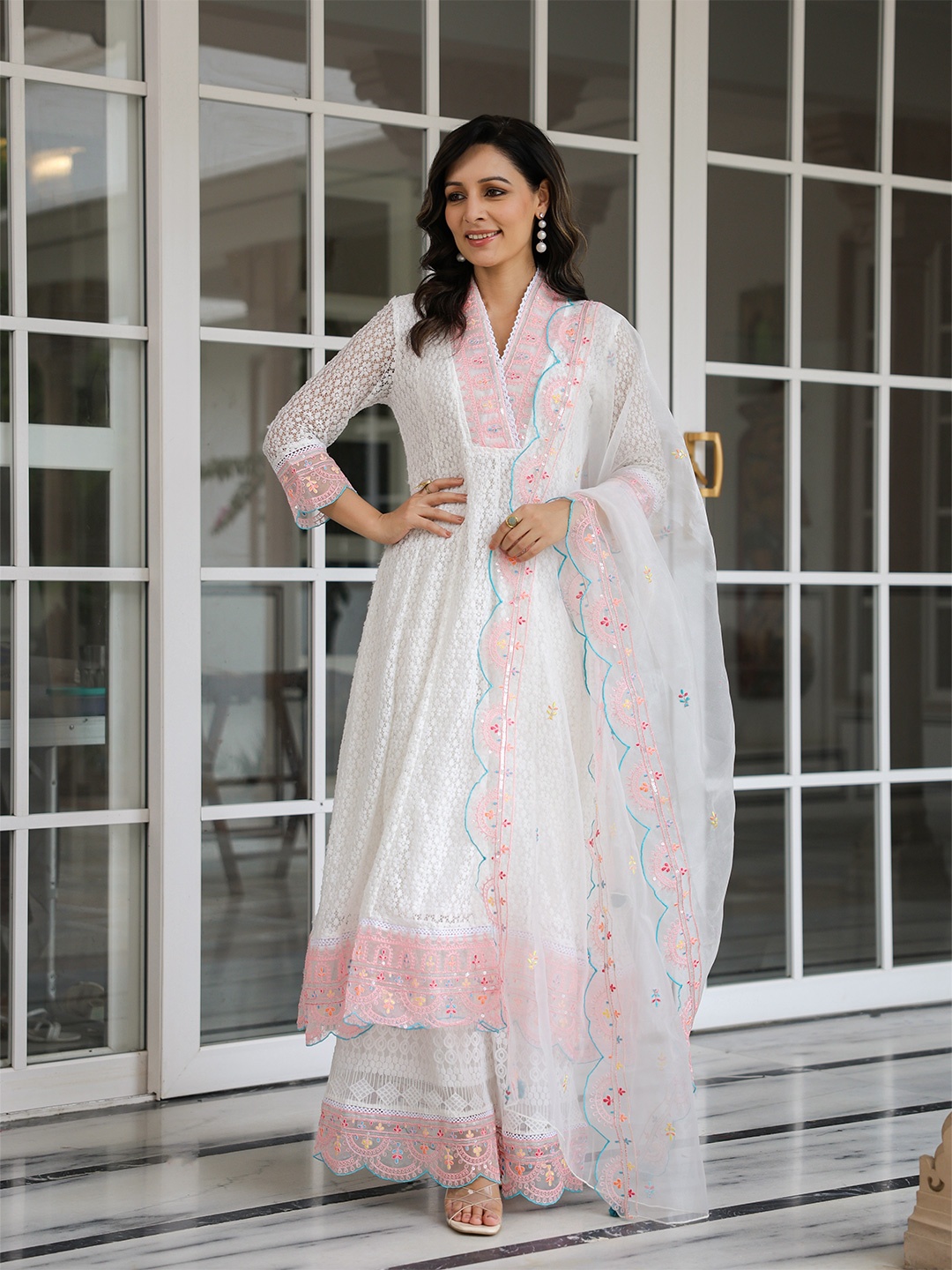 

FASHOR Women Ethnic Motifs Embroidered Panelled Thread Work Kurta with Sharara & With Dupatta, White