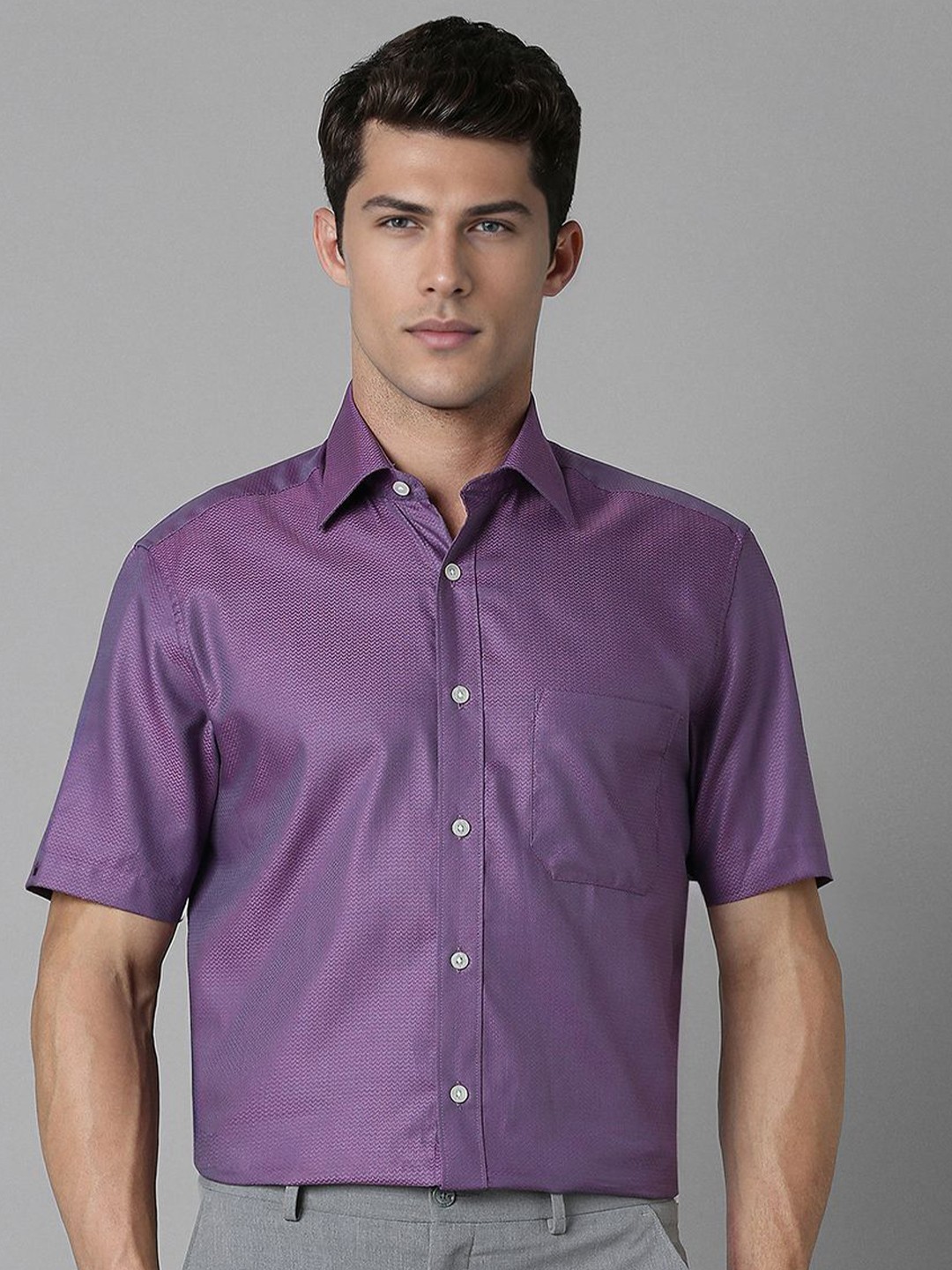 

Louis Philippe Men Classic Spread Collar Geometric Printed Cotton Formal Shirt, Purple