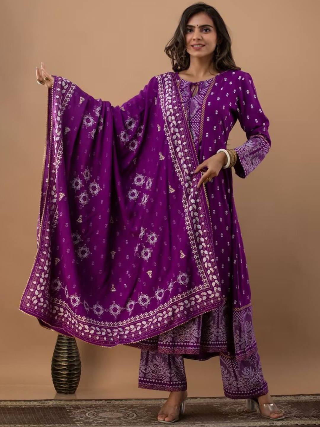 

TOP 2 BOTTOM Floral Printed Tie-Up Neck Anarkali Kurta With Trousers & Dupatta, Purple