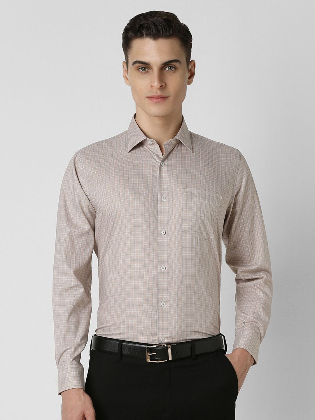 

Van Heusen Men Spread Collar Micro Checked Cotton Formal Shirt, Nude