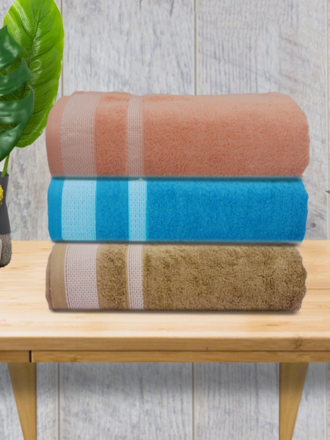 

Aura Peach-Coloured & Blue 3 Pieces Striped Cotton 400 GSM Bath Towels