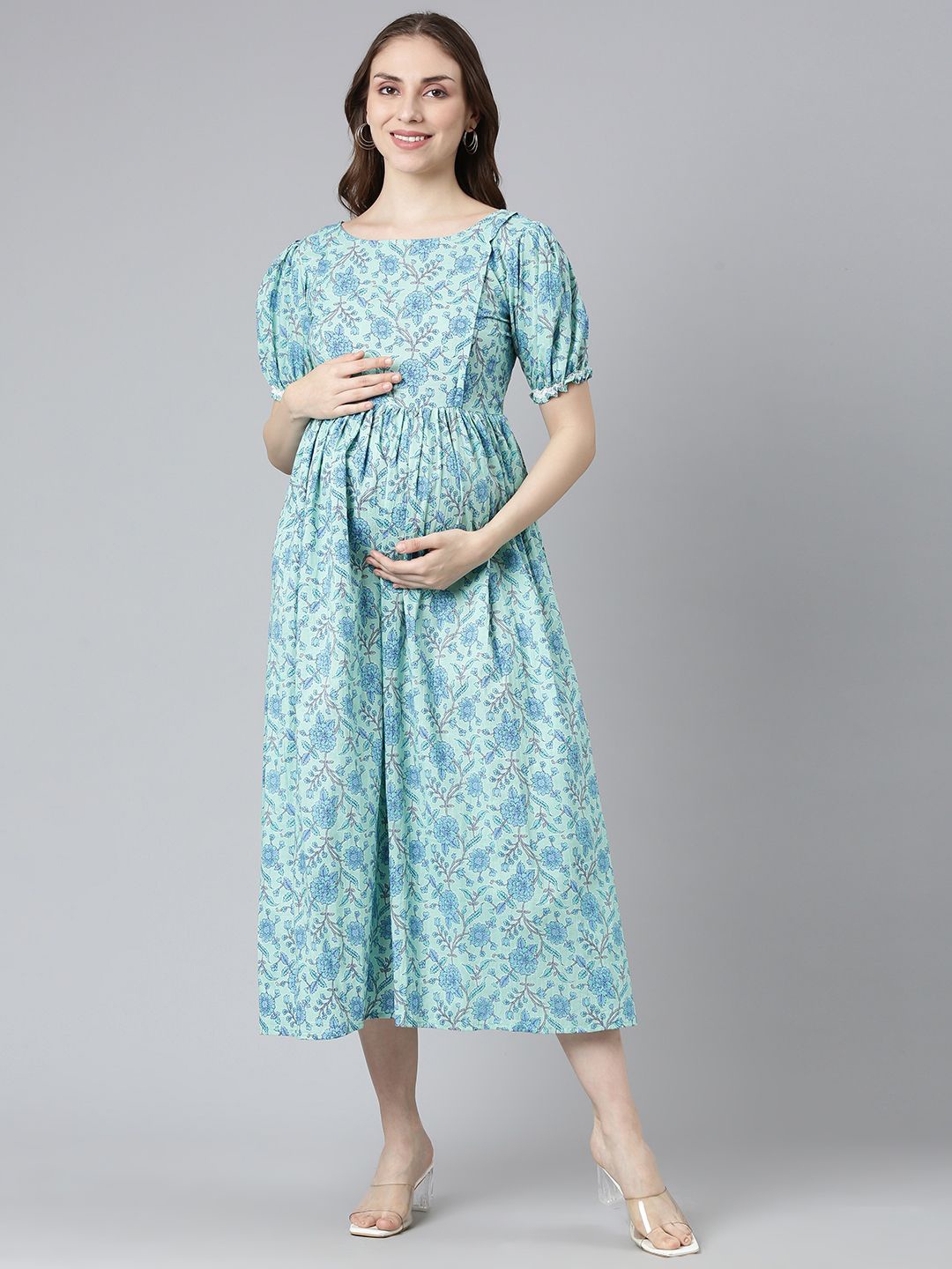 

Swishchick Floral Printed Puff Sleeve Maternity Fit & Flare Midi Dress, Sea green