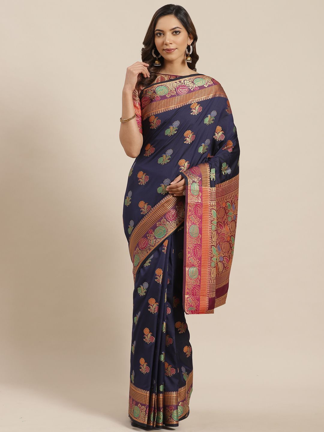 

KIMISHA Woven Design Zari Silk Blend Banarasi Saree, Navy blue