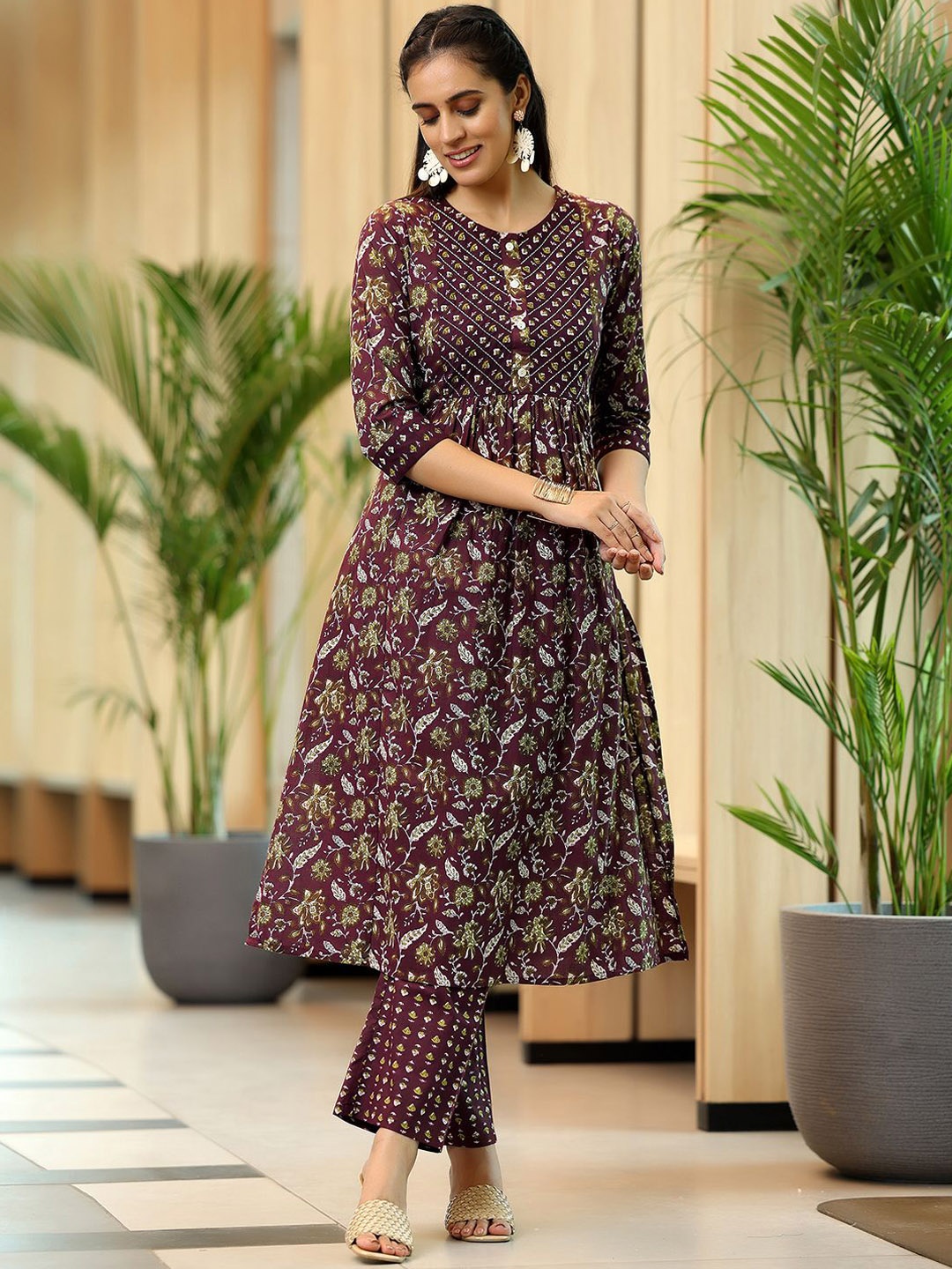 

Libas Floral Printed A-Line Pure Cotton Kurta with Trousers, Brown