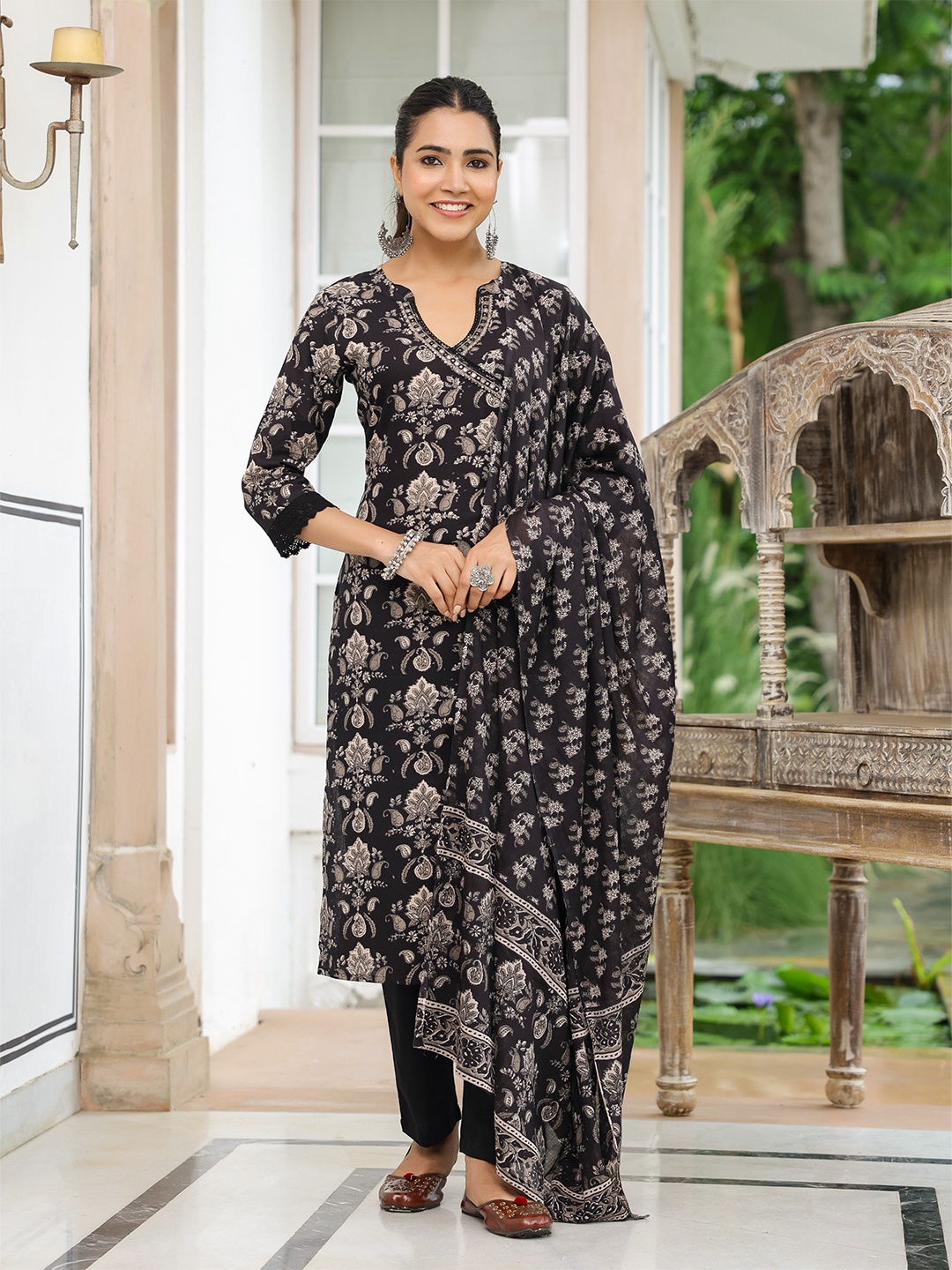

FASHOR Printed Angrakha Mirror Work Pure Cotton Straight Kurta With Trousers & Dupatta, Black