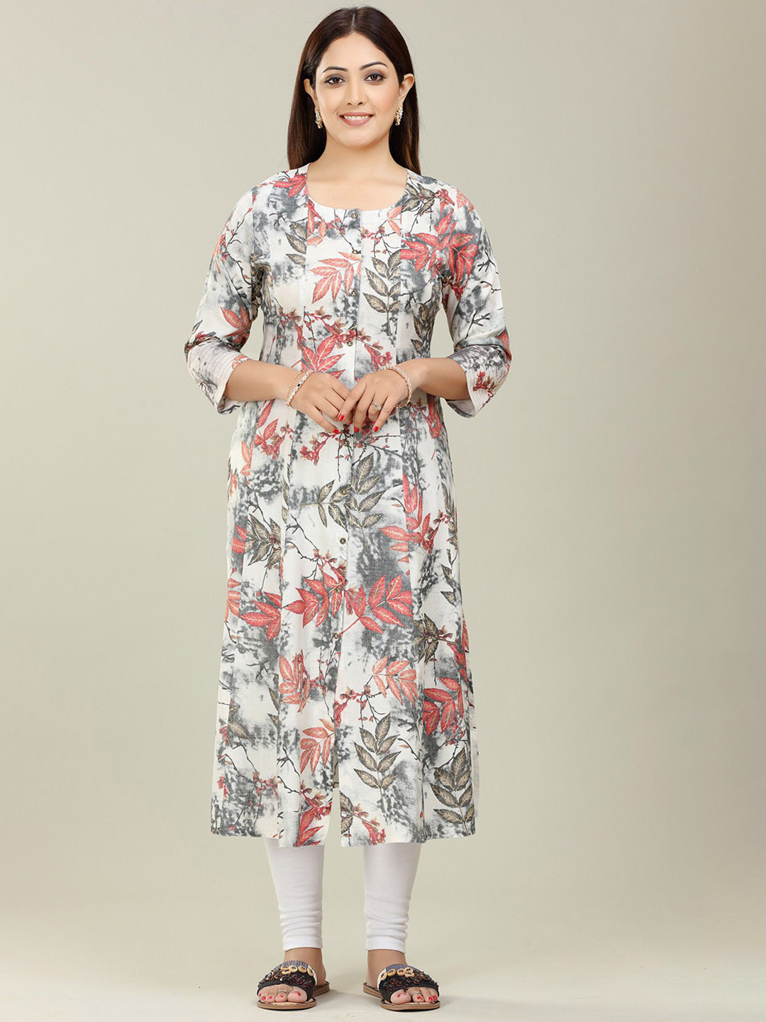 

COTTON CULTURE Floral Printed Round Neck Panelled A-Line Kurta, White